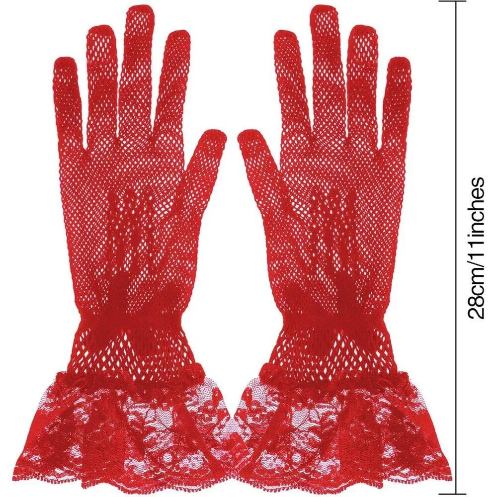 Women's Elegant Wine Red Short Bow Style Lace Gloves Dinner Wedding Party Prom
